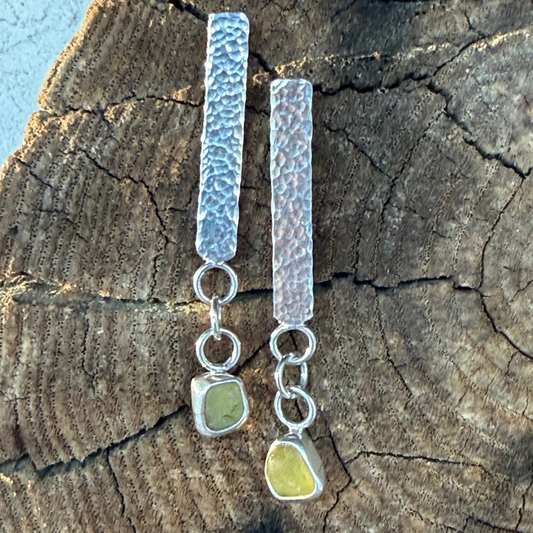 Olive Yellow Sea Glass Dangle Bar Earrings