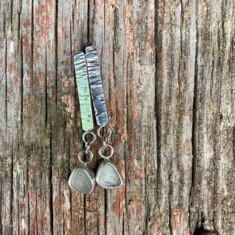 White Sea Glass Dangle Bar Earrings