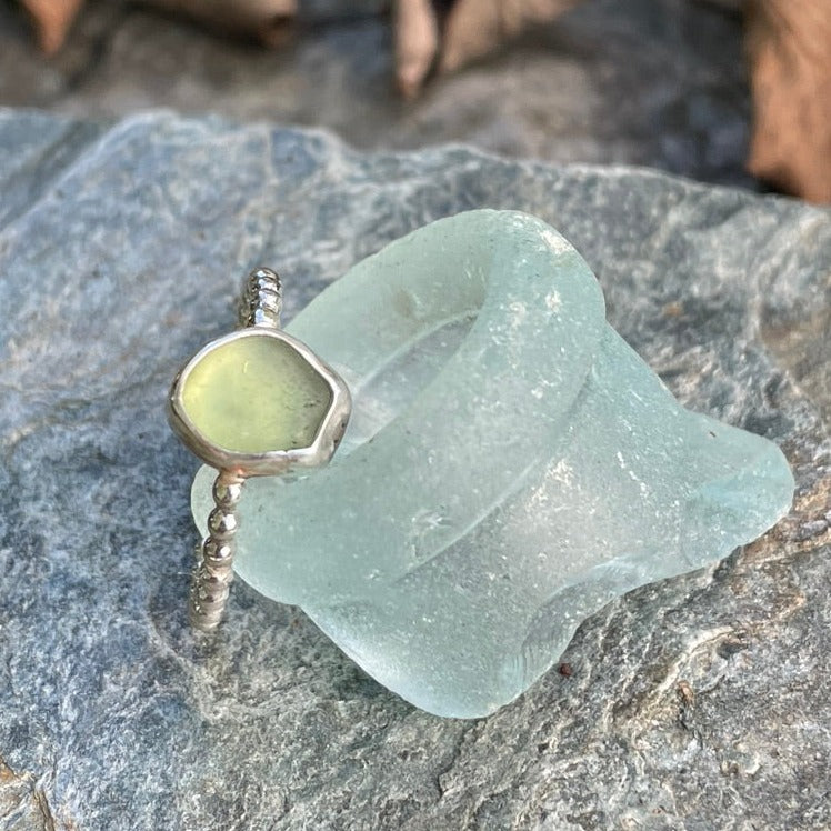 Light Olive Green Sea Glass Ring - Size 8