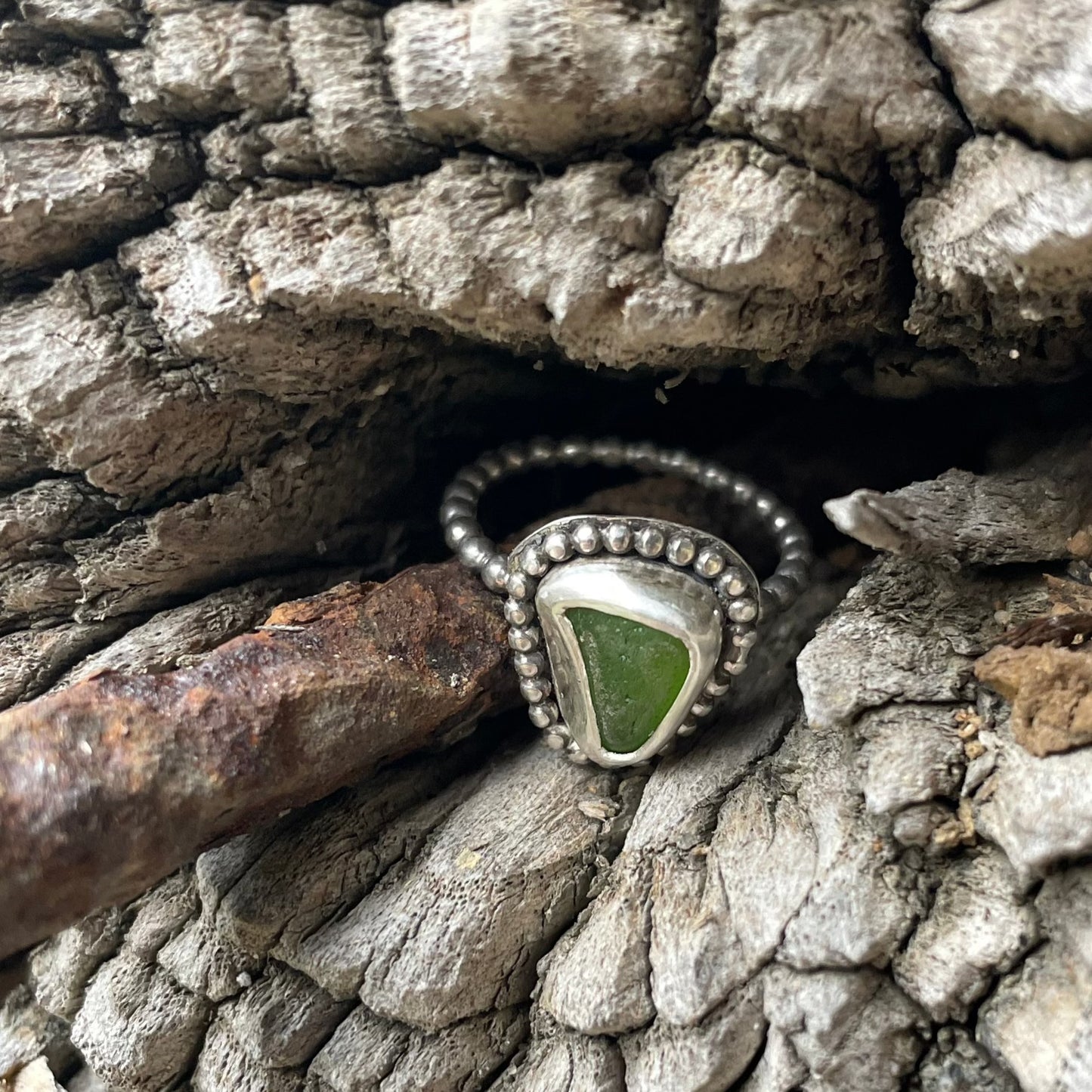 Lime Green Beaded Sea Glass Ring - Size 6