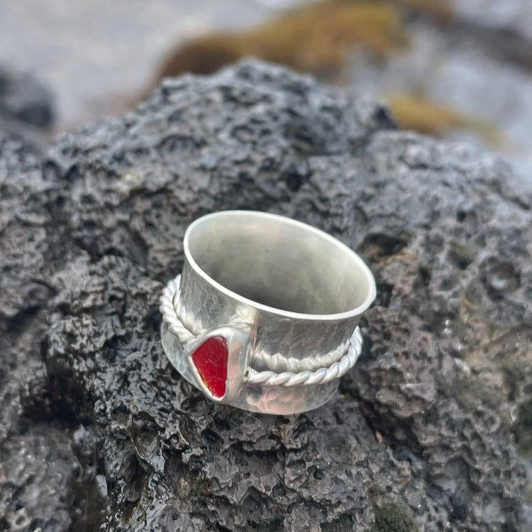 Red Sea Glass Spinner Ring - size 8.25