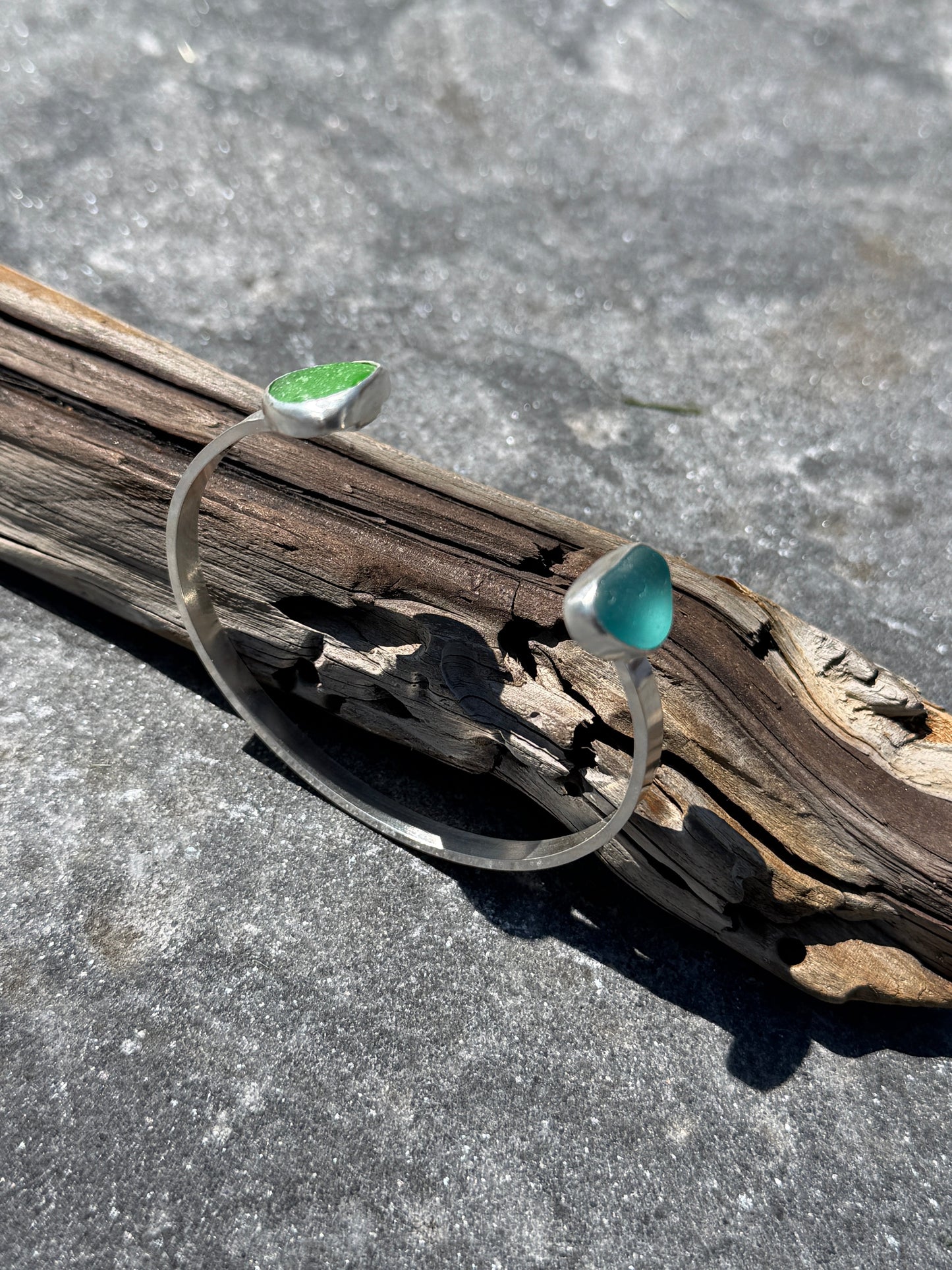 Teal Blue Sea Glass and Kelly Green Sea Glass Double Cuff