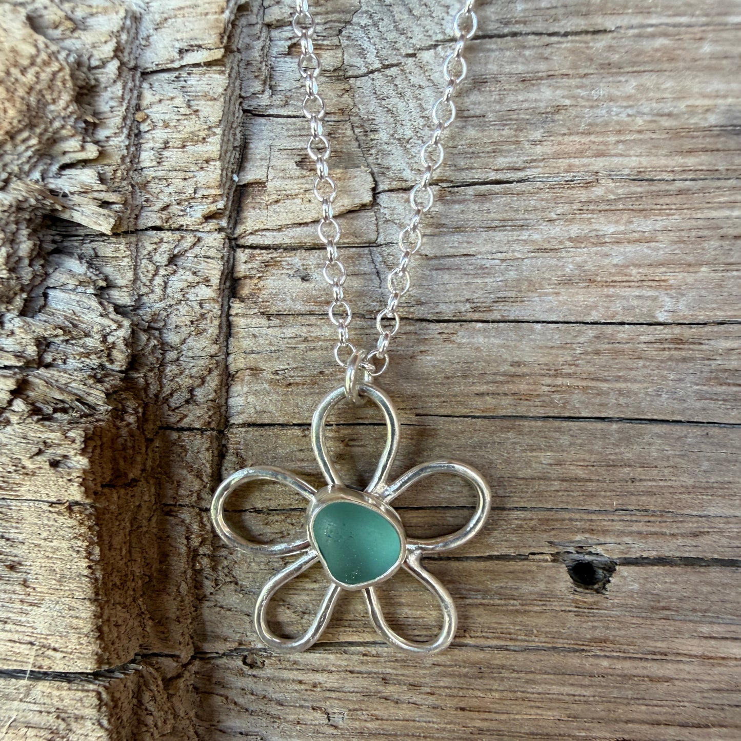 Light Teal Blue Sea Glass Daisy Pendant