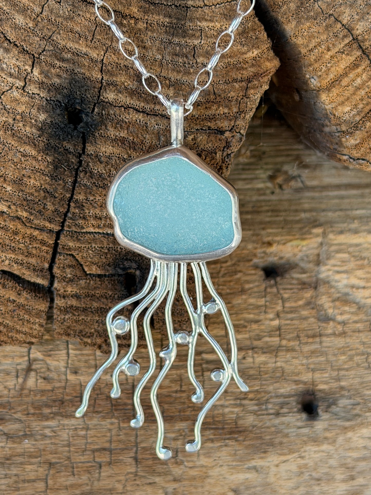 Aquamarine Sea Glass Jellyfish Pendant