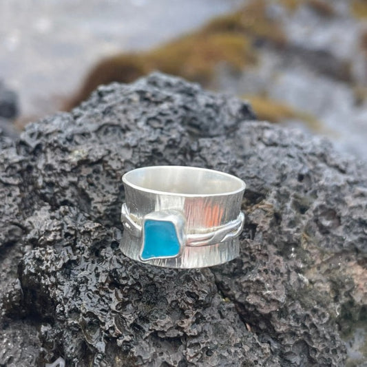 AquaMarine Sea Glass Spinner Ring - size 7.25