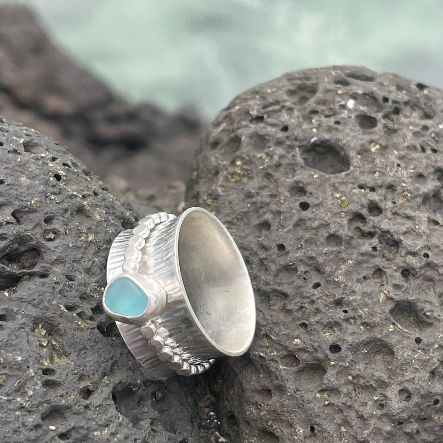 Sky Blue Sea Glass Spinner Ring - size 8.25