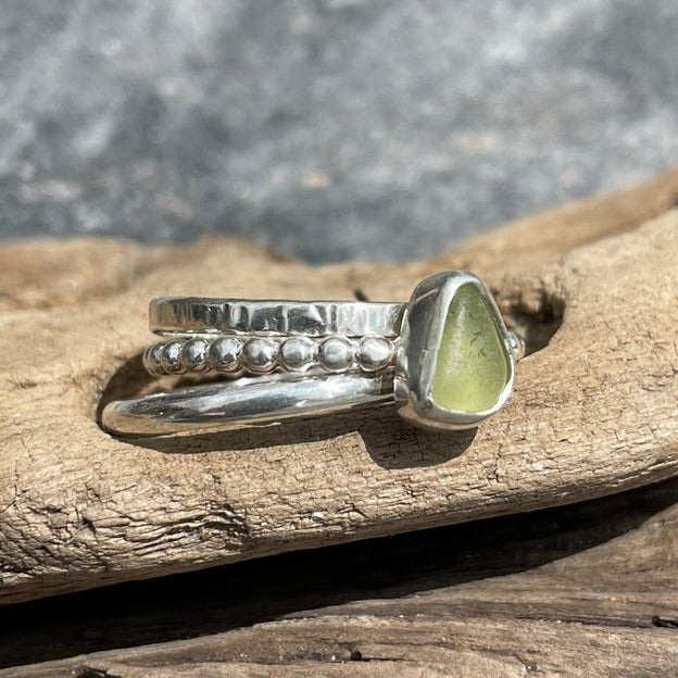 Pale Olive Green Sea Glass Stacking Rings - Size 8.25