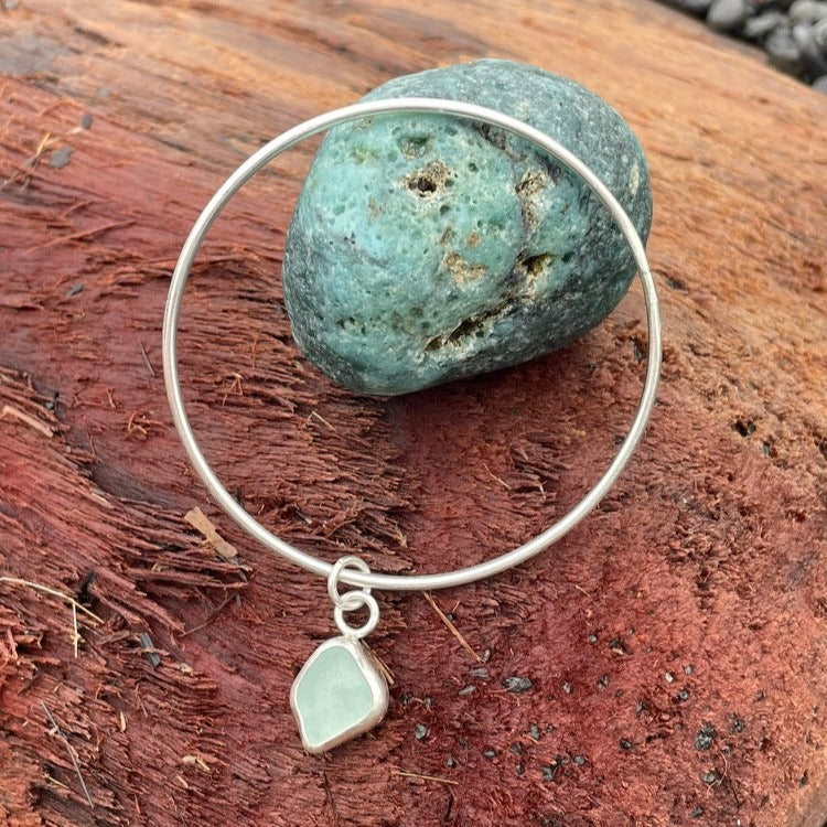 Sea Foam Blue Sea Glass Dangle Bangle - Large