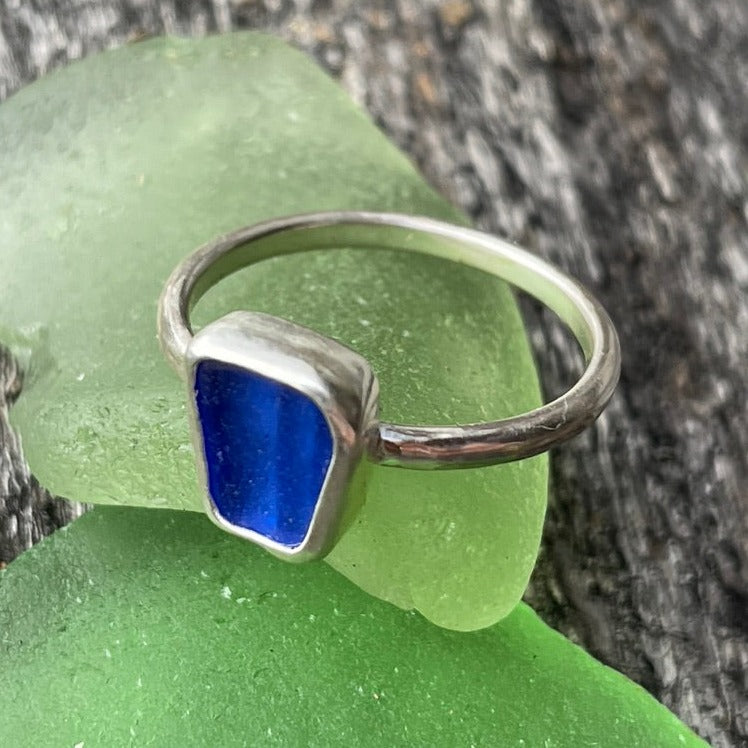 Cobalt Blue Sea Glass Ring - size 7.75