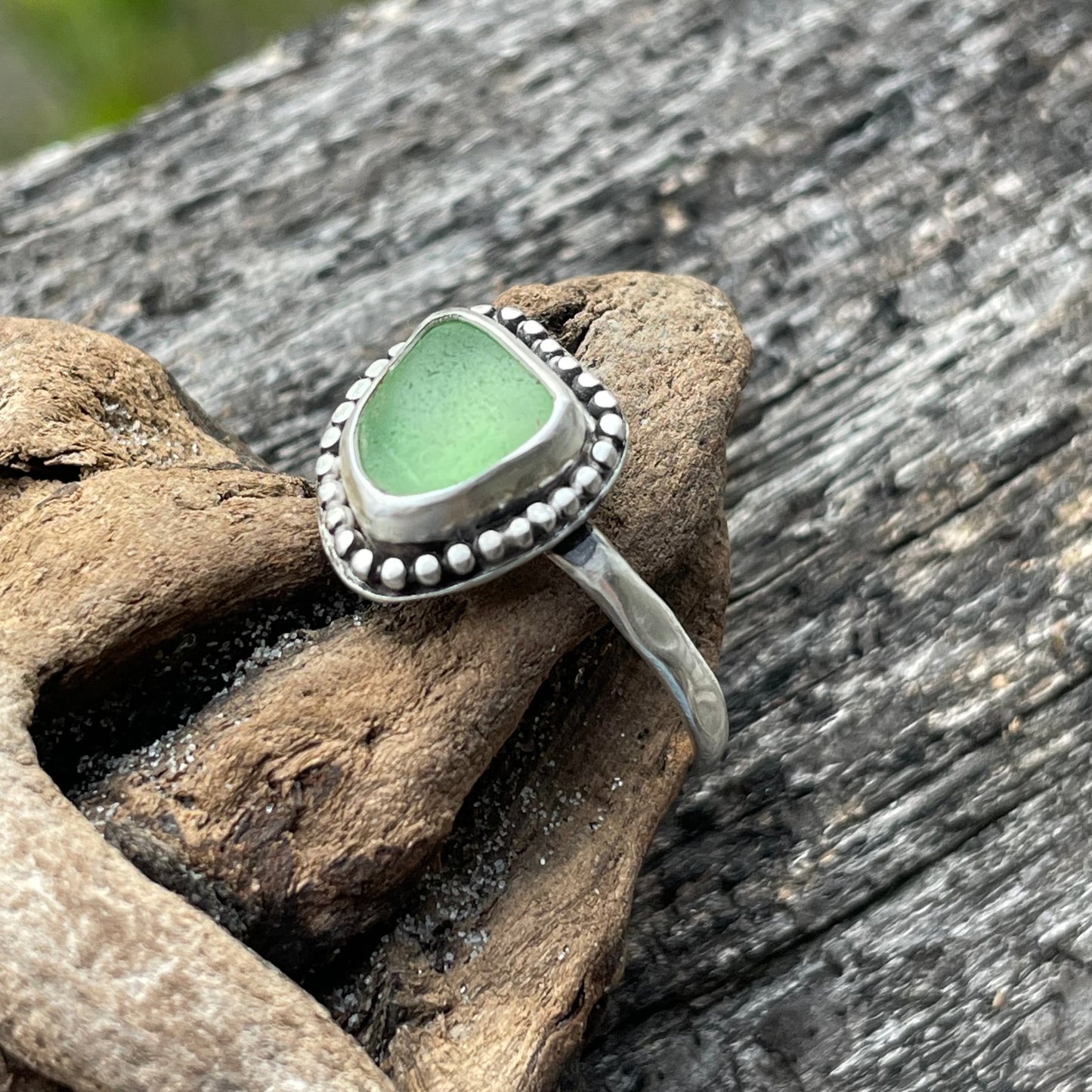 Light Sea Green Beaded Sea Glass Ring - size 9