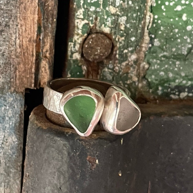 White and Emerald Green Sea Glass Ring ~ Commission