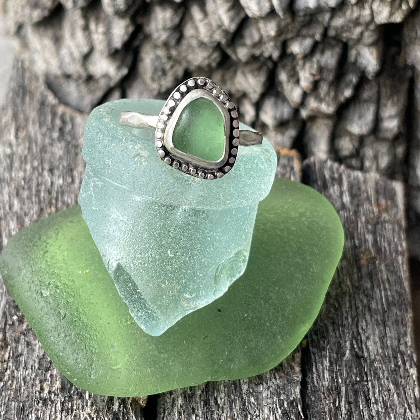 Light Sea Green Beaded Sea Glass Ring - size 9