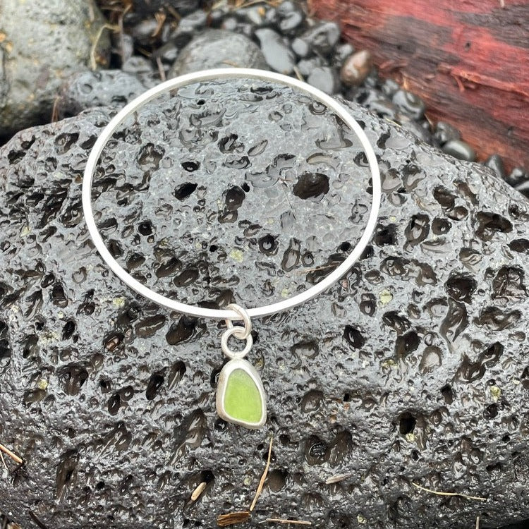 Moss Green Sea Glass Dangle Bangle - Size Medium