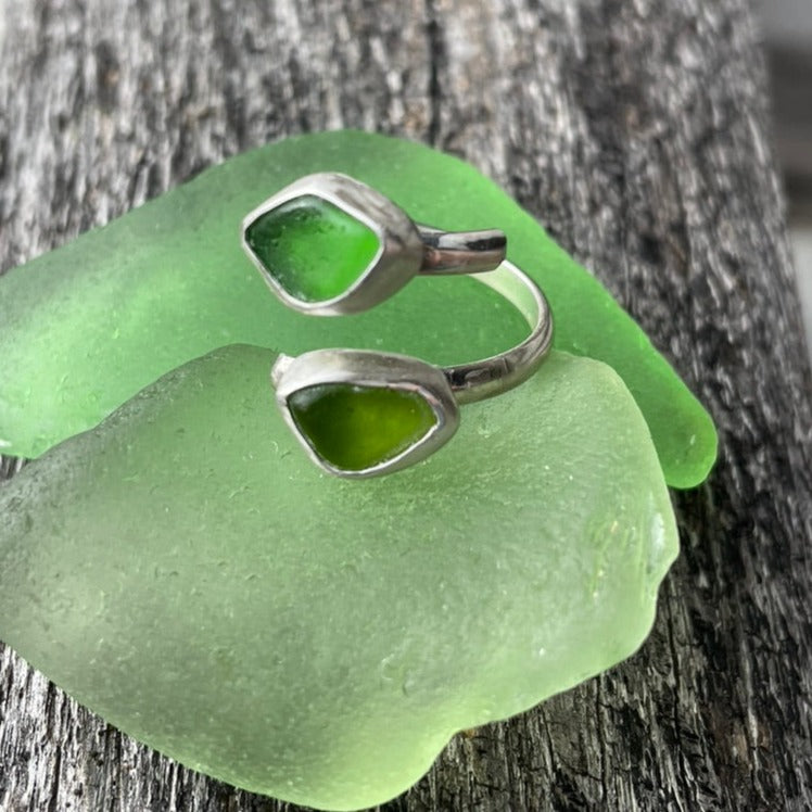 Double Light Sage Green & Lime Green Sea Glass Adjustable Ring