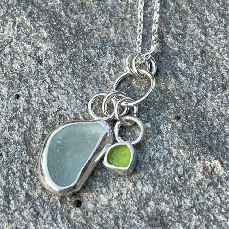 Sea Foam Blue and Lime Green Sea Glass Charm Necklace