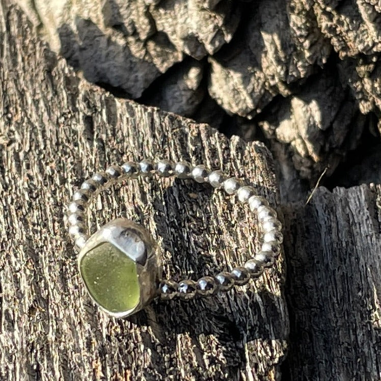 Light Olive Green Sea Glass Ring - Size 8