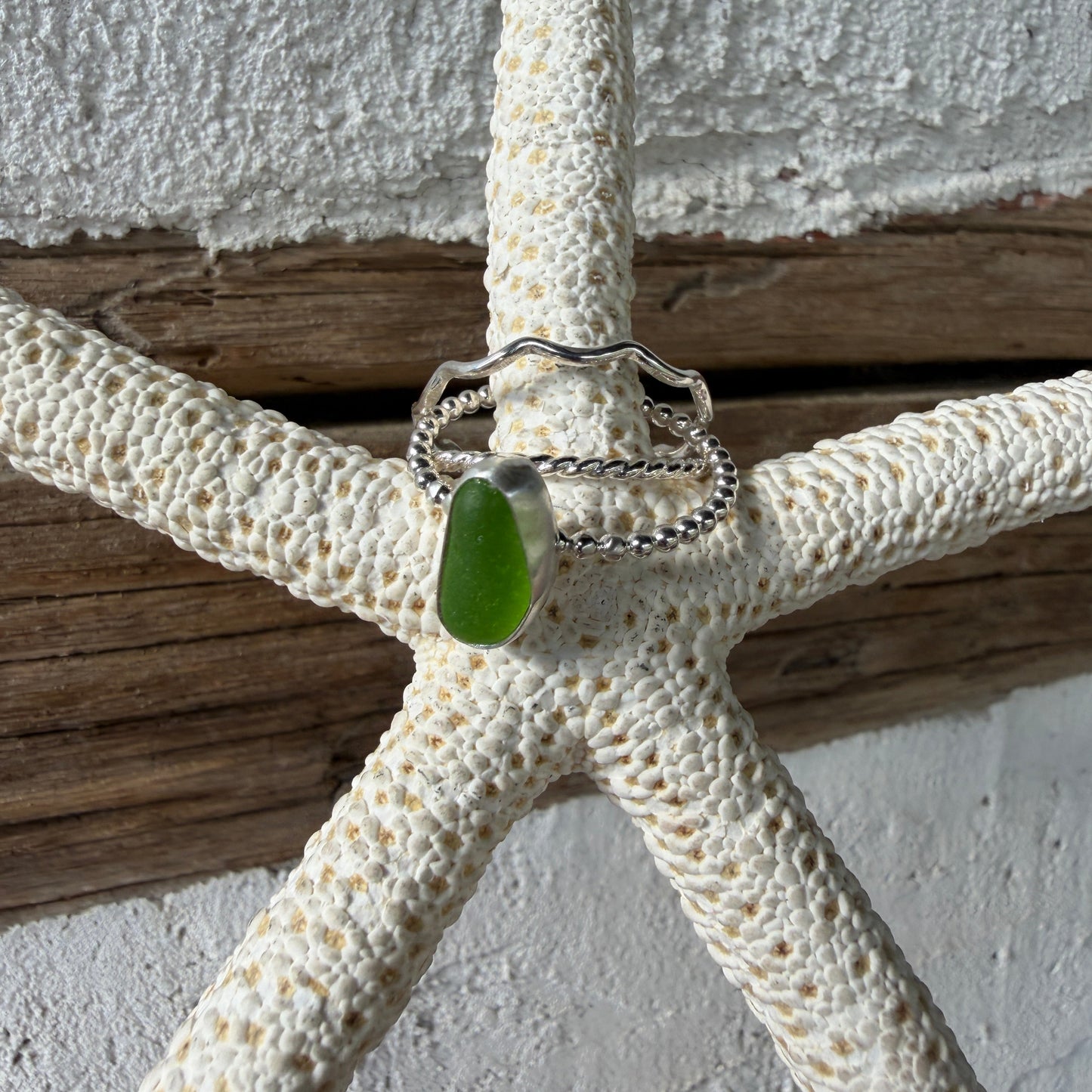 Lime Green Sea Glass Stacking Rings - Size 11