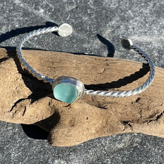 Light Aquamarine Twisted Sea Glass Cuff Bracelet