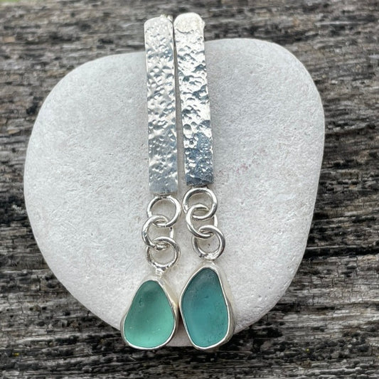 Teal Blue Sea Glass Dangle Bar Earrings