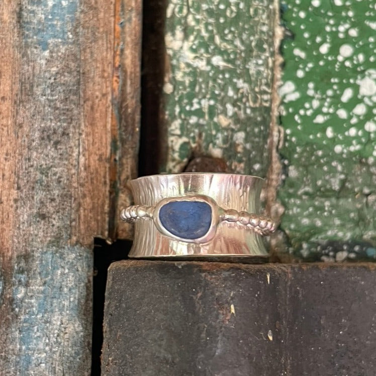 CornFlower Blue Sea Glass Spinner Ring - size 6.5