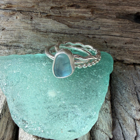 Teal Blue Sea Glass Stacking Rings - Size 3.5