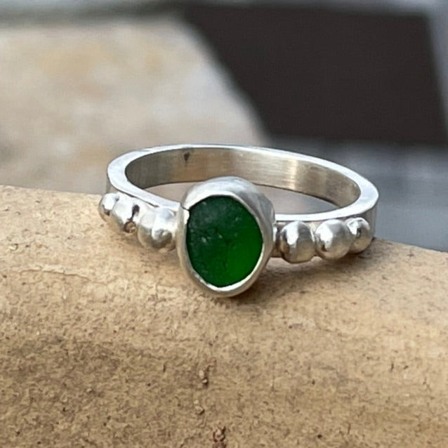 Green Beaded Sea Glass Ring -size 7.75