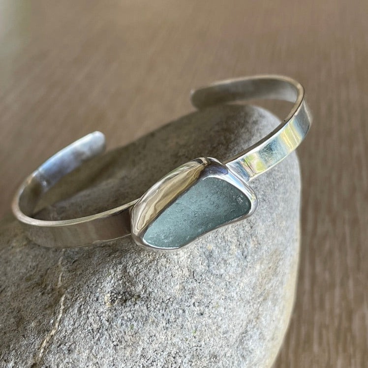 Sea Foam Blue Sea Glass Cuff Bracelet