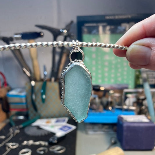 Chunky Sea Foam Blue Sea Glass Pendant