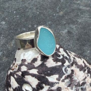 Aqua Blue Sea Glass Ring - Size 8.5