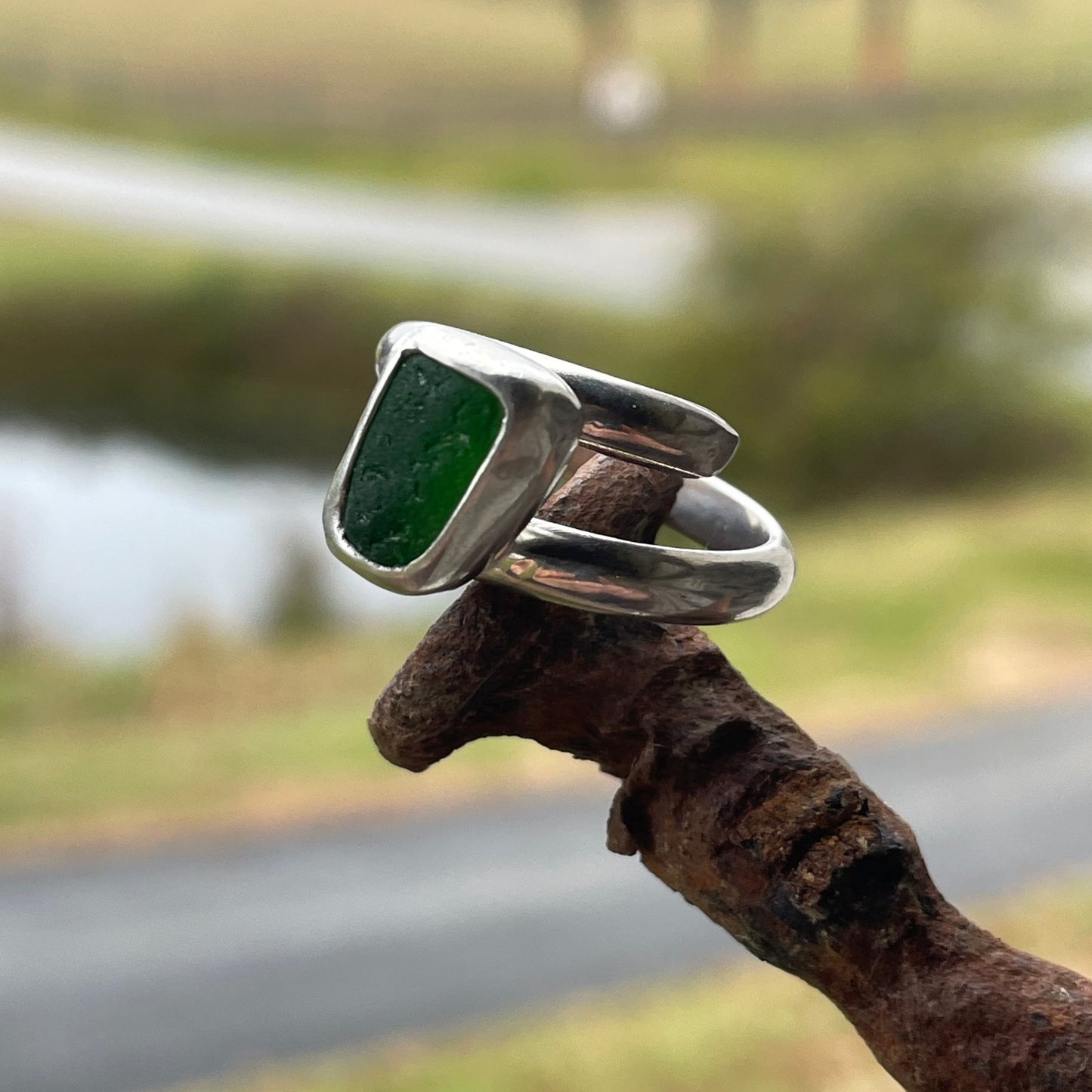 Kelly Green Sea Glass Ring - Size 7