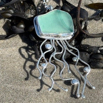 Light Aquamarine Sea Glass Jellyfish Pendant