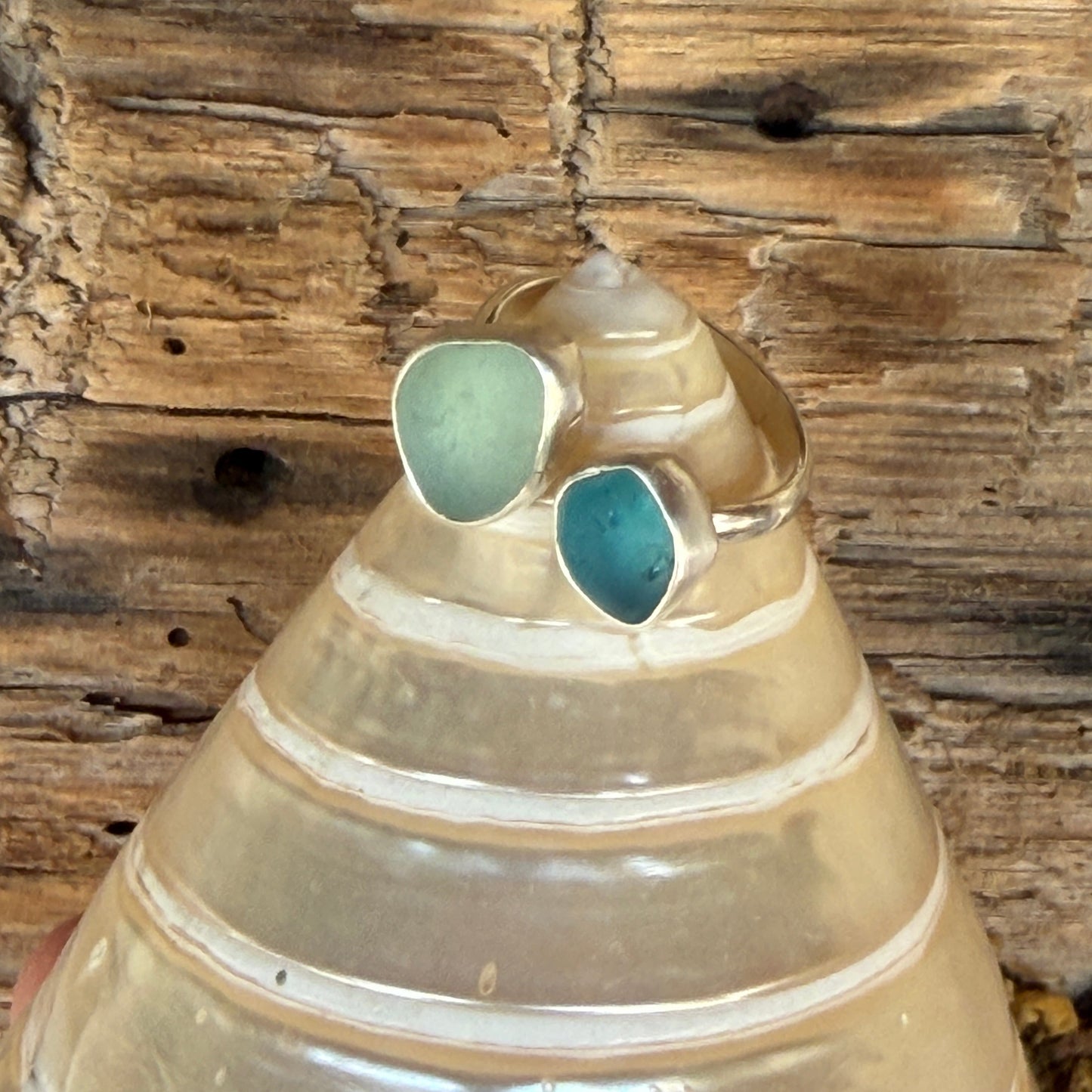 Aquamarine Sea Glass and Sea Foam Green Sea Glass Adjustable Ring -Size 8.25