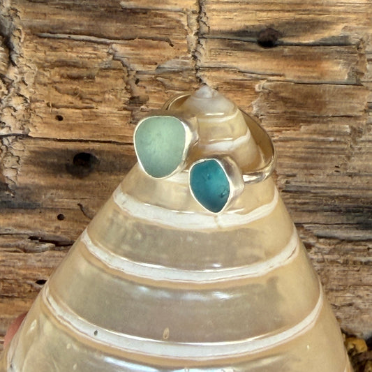 Aquamarine Sea Glass and Sea Foam Green Sea Glass Adjustable Ring -Size 8.25