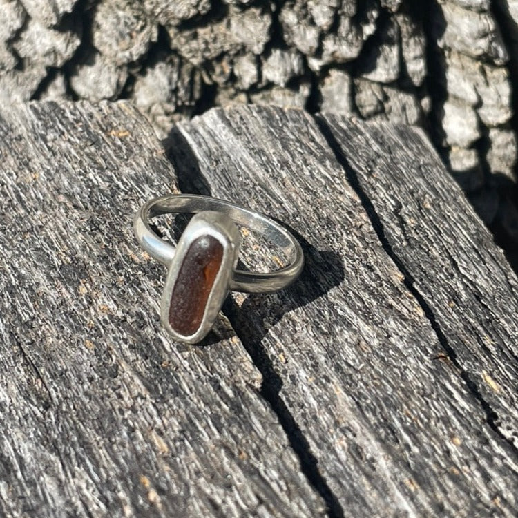 Dark Amber Sea Glass Ring - Size 8