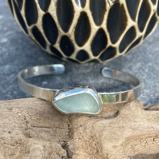 Sea Foam Blue Sea Glass Cuff Bracelet