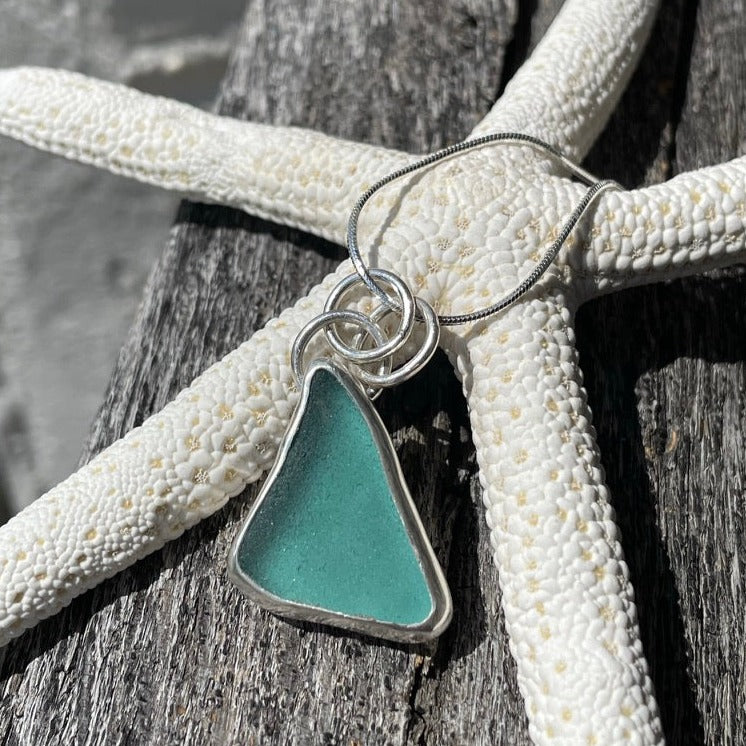 Deep Teal Blue Sea Glass Pendant