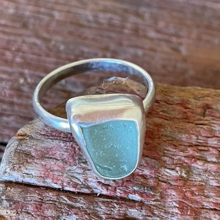 Chunky Sea Foam Green Sea Glass Ring - Size 10