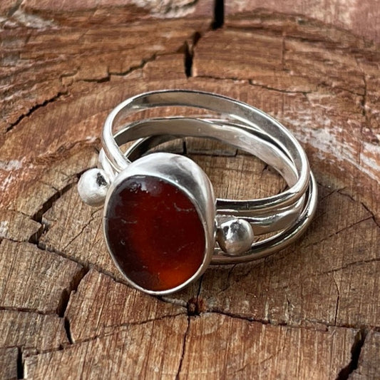 Amber Sea Glass Stacking Rings - Size 9