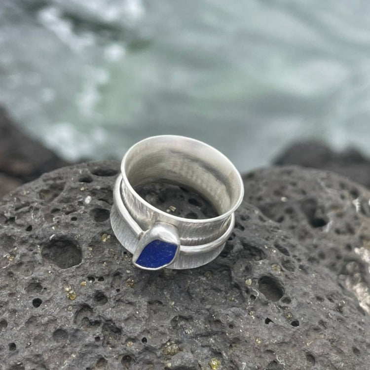 Cobalt blue Sea Glass Spinner Ring - size 9