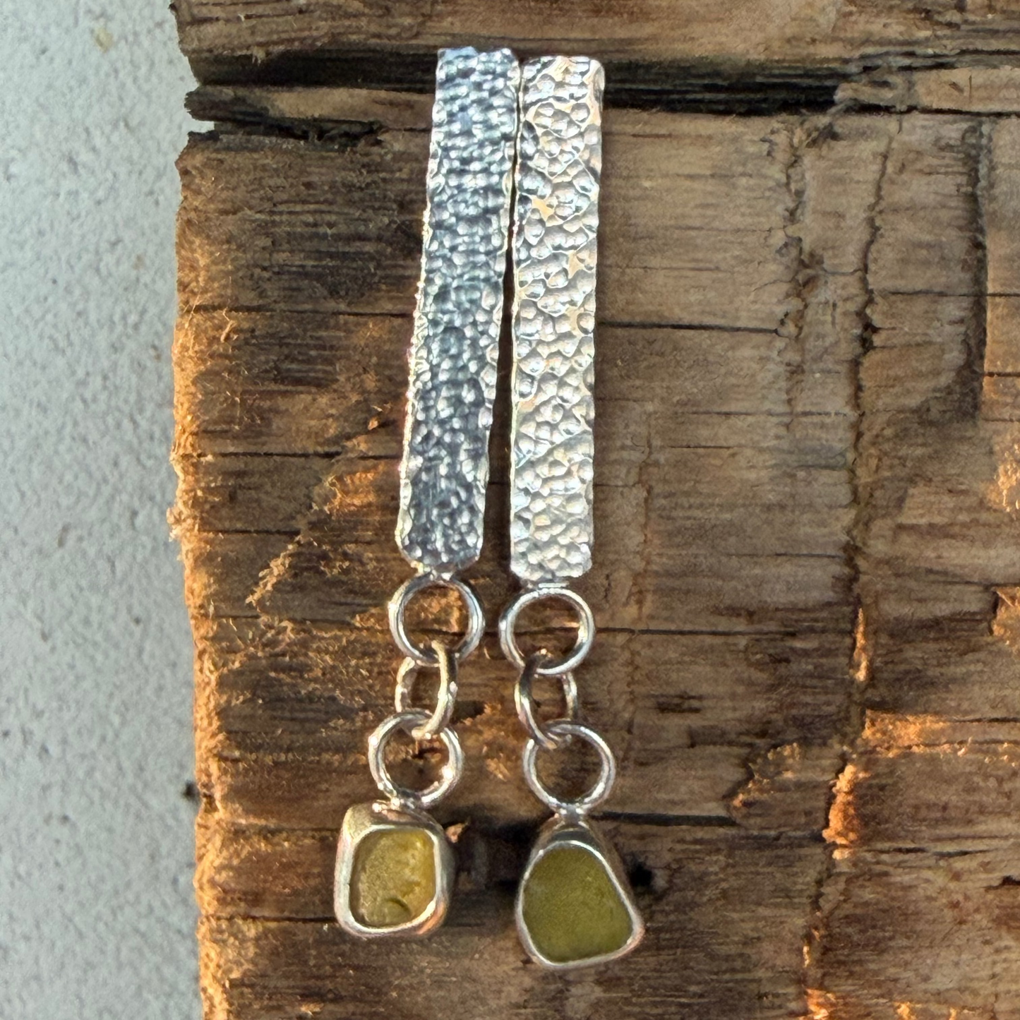 Olive Yellow Sea Glass Dangle Bar Earrings
