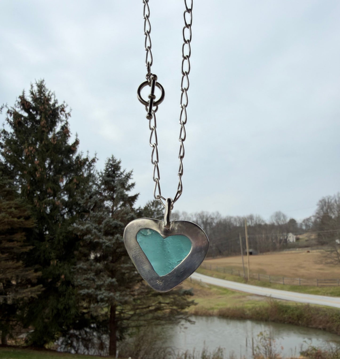 Teal Blue Sea Glass Heart Pendant