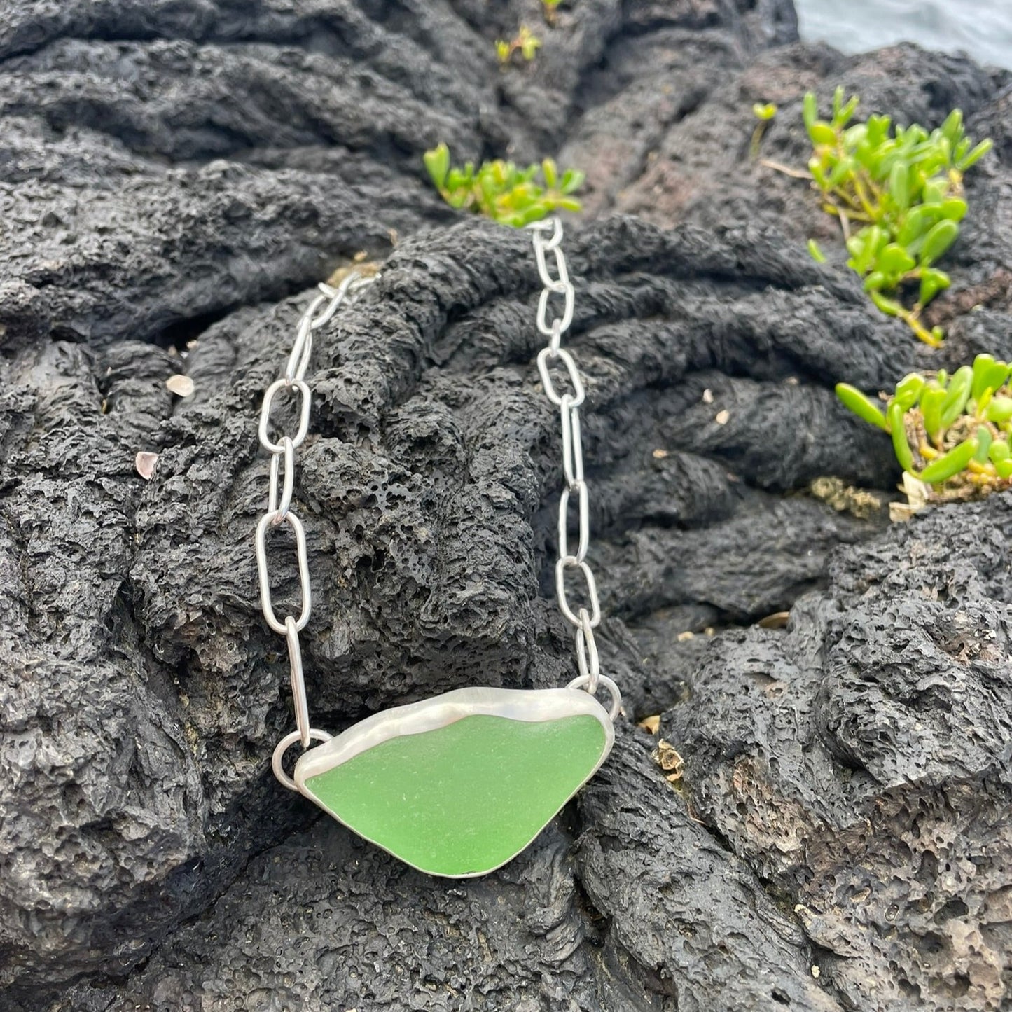 Sea Green Sea Glass Pendant with Hand Made Paperclip Chain