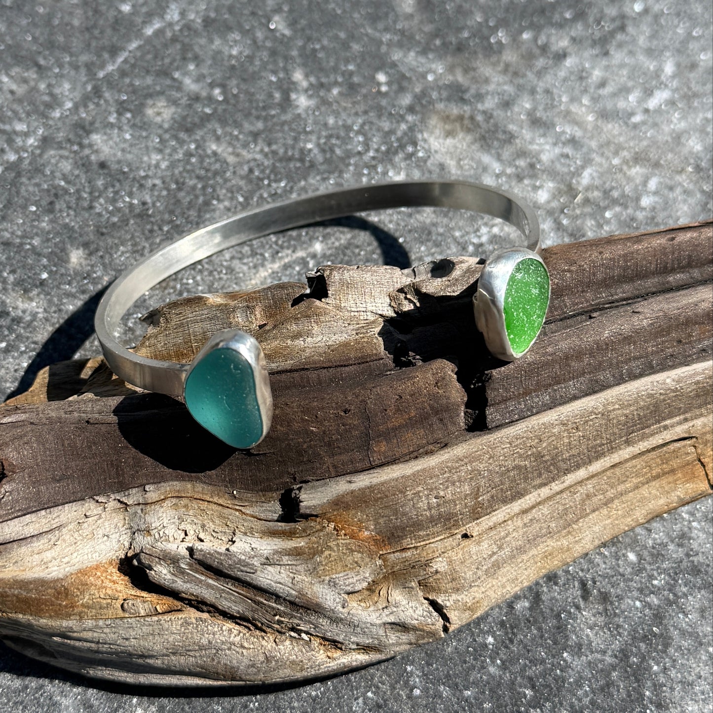 Teal Blue Sea Glass and Kelly Green Sea Glass Double Cuff