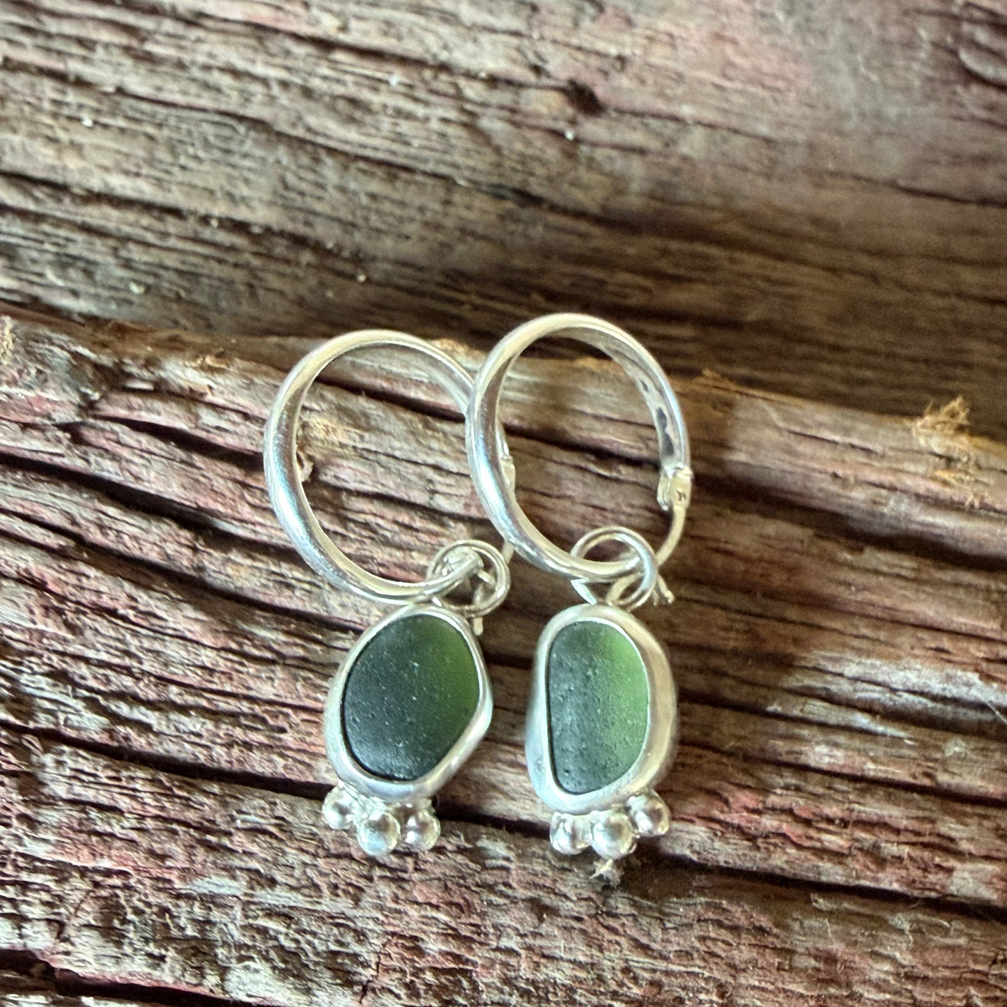 Olive Green Sea Glass Hoop Earrings