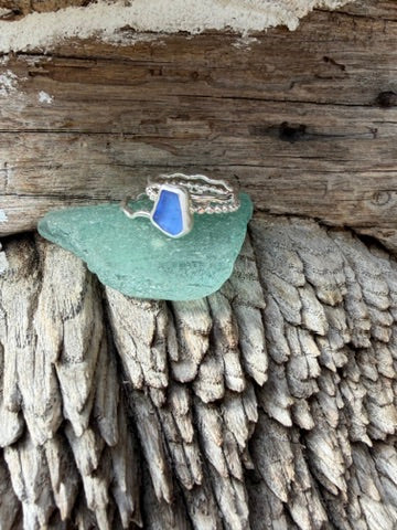Cornflower Blue Sea Glass Stacking Rings -  Size 7