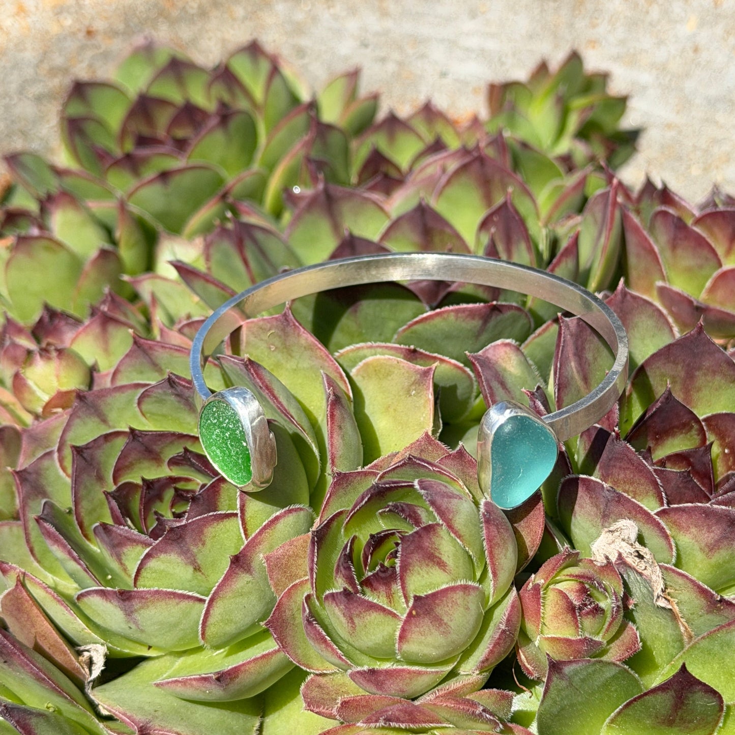 Teal Blue Sea Glass and Kelly Green Sea Glass Double Cuff