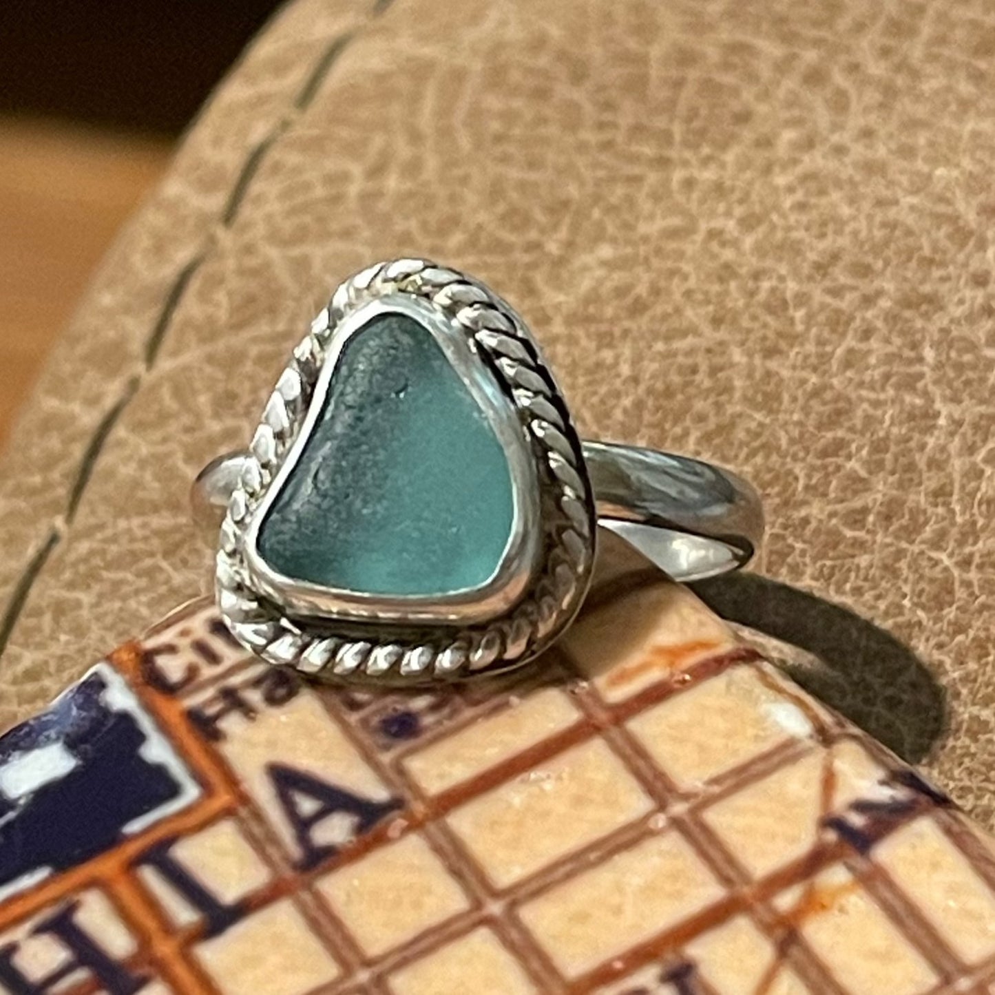 Mother Daughter Twisted Teal Blue Sea Glass Rings - Size 6.25 & 7.5