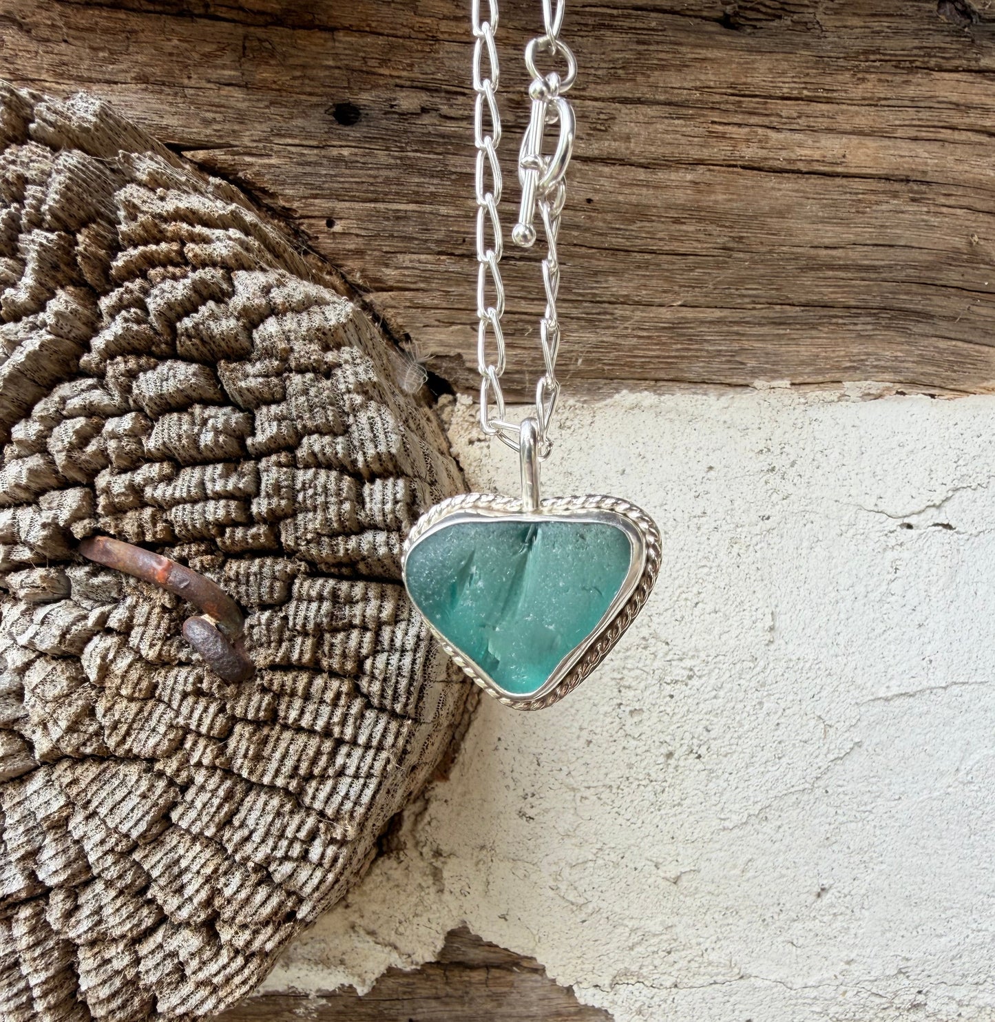Teal Blue Sea Glass Heart Pendant
