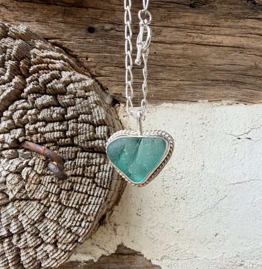 Teal Blue Sea Glass Heart Pendant