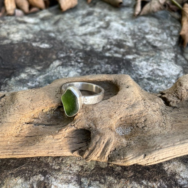 Forest Green Sea Glass Ring - Size 8